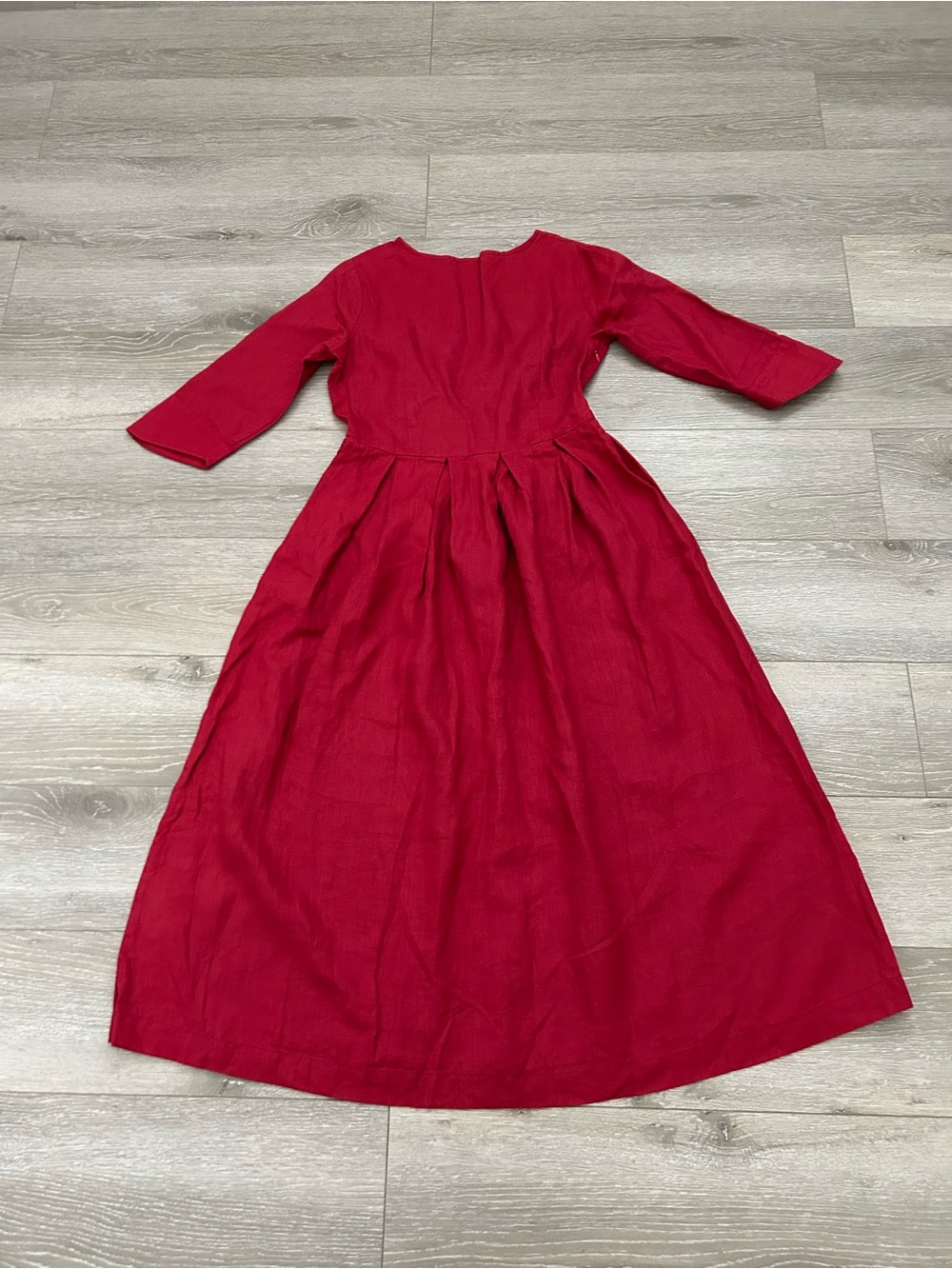 YLISTYLE Red Linen Maxi Dress - Raspberry Fit & Flare with Pintuck Pleated Waist - Picture 10 of 11